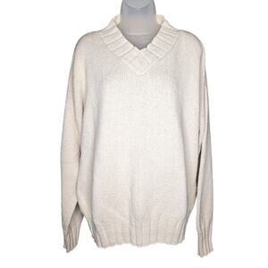 Vtg Coldwater Creek Ivory Sz Large V Neck 100% Cotton Pullover Sweater USA Made